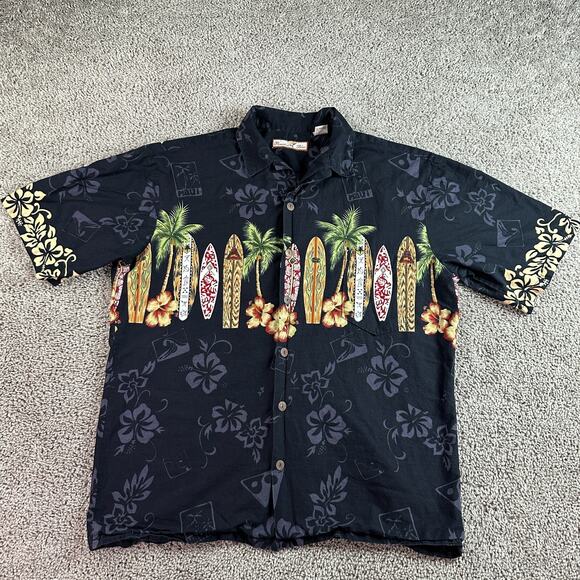 Paradise Blue Hawaiian Shirt Large Black Surf Boards Wrap Around Button Up - Picture 1 of 9